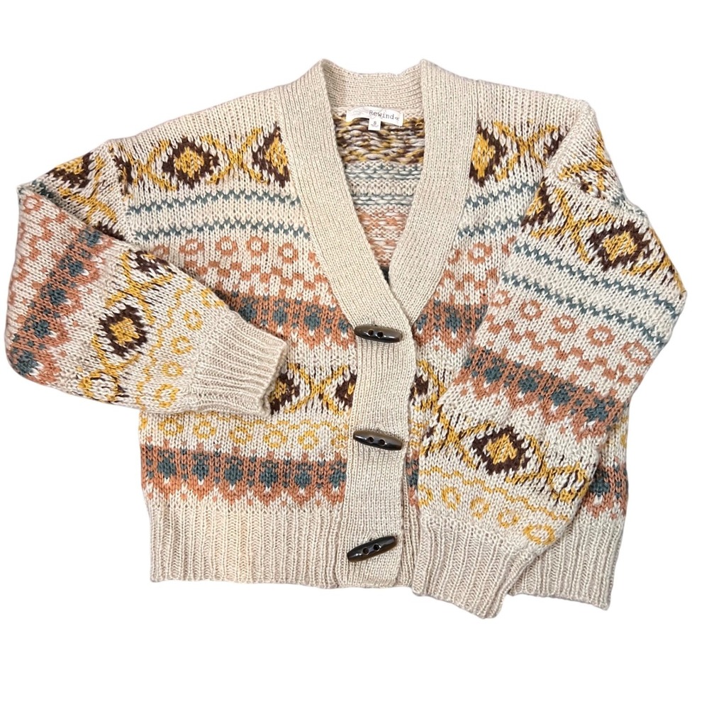 Rewind Womens Fair Isle Vintage-Inspired Toggle Button Cardigan Neutral‎ Small